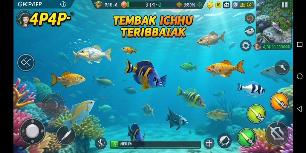 Screenshot gameplay 4P4P yang menampilkan aksi tembak ikan.