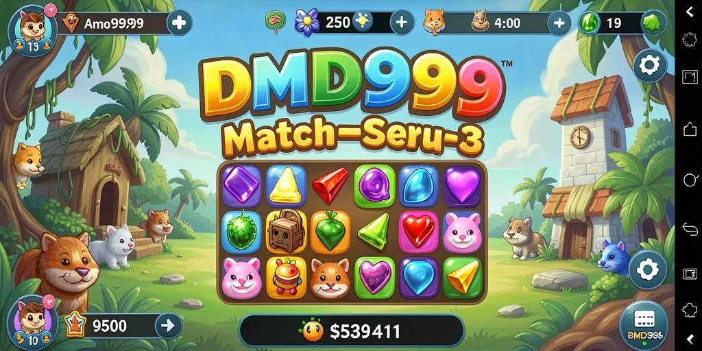 Tampilan permainan DMD999 dengan kombinasi permata warna-warni dalam gameplay Match-3.