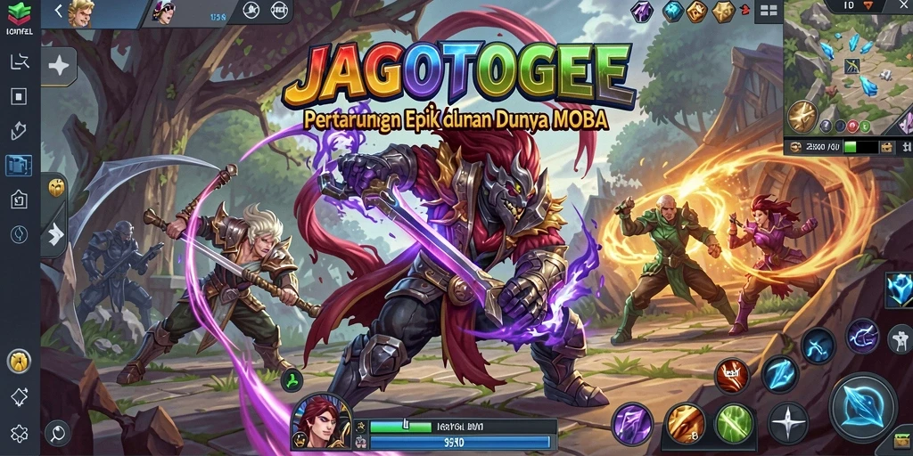 Screenshot gameplay JAGOTOGEL yang mendebarkan dalam pertarungan tim MOBA.