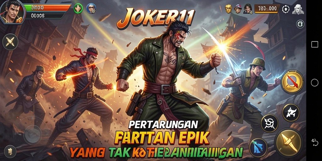 Tangkapan layar gameplay <strong>JOKER11</strong> menampilkan pertarungan yang intens dan karakter yang kuat.