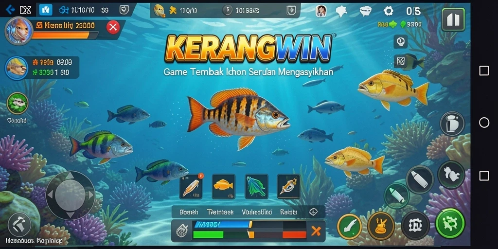 Screenshot gameplay KERANGWIN menampilkan aksi menembak ikan yang sangat seru.