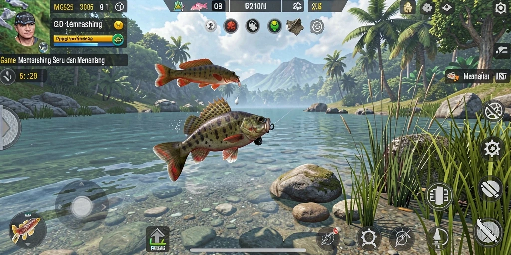 Tampilan gameplay MG525 menampilkan keseruan memancing di berbagai lokasi.