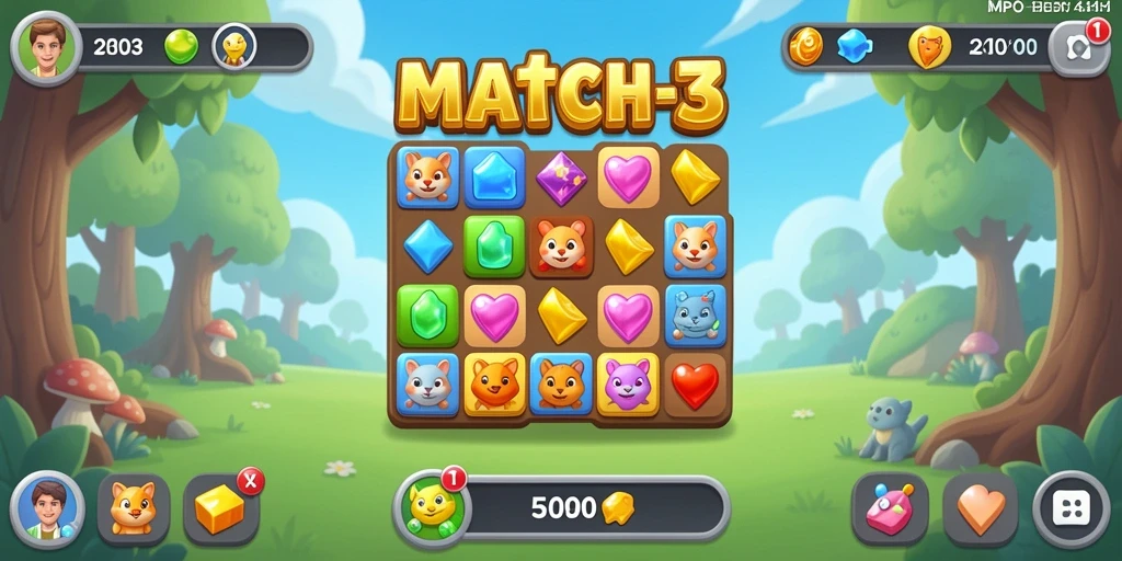 Screenshot MPO303 menampilkan gameplay Match-3 yang seru dan penuh warna.