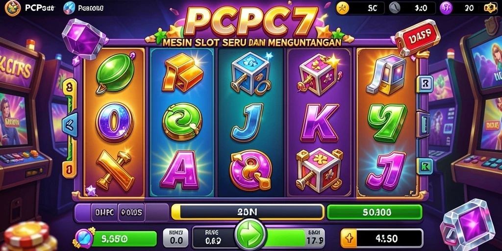Screenshot gameplay Slot PCPC7 yang menampilkan gulungan dengan tema menarik.