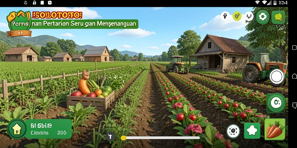 Tampilan gameplay SOLOTOTO dengan ladang yang subur dan hewan-hewan menggemaskan.