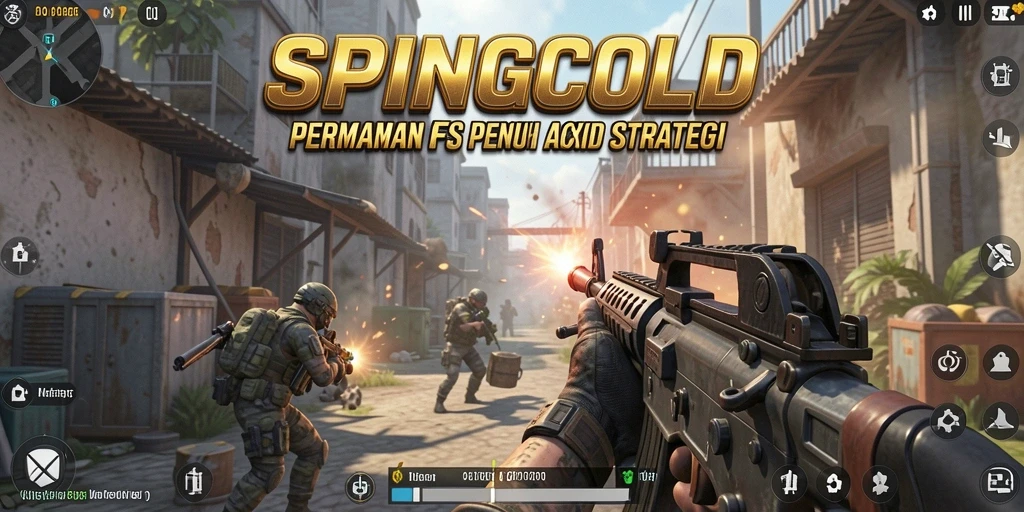 Screenshot utama SPINGOLD menampilkan aksi pertempuran FPS yang mendebarkan.