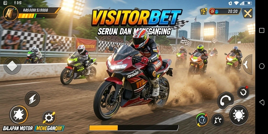Screenshot gameplay VISITORBET menampilkan balapan motor yang seru dan cepat.